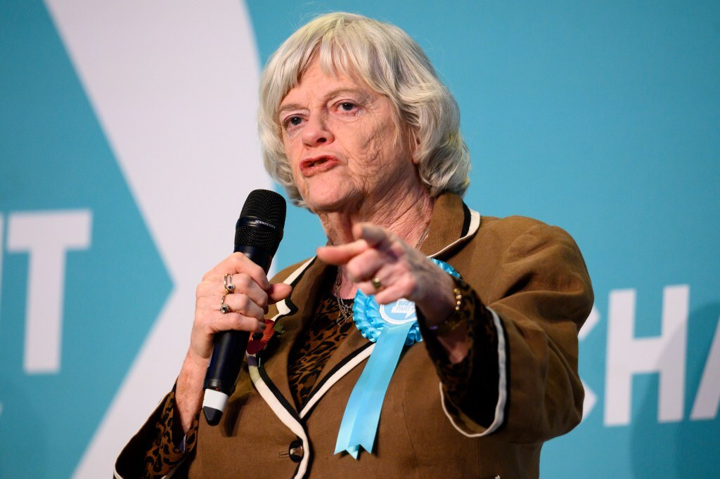 Ann Widdecombe on stage in a brown suit making a speech